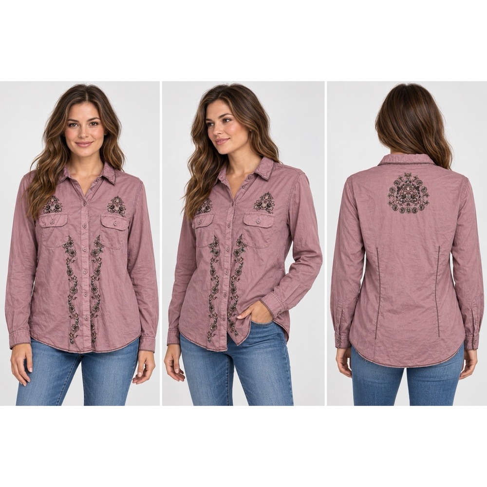 North River Outfitters Women's Large Mauve Floral Embroidered Western Shirt